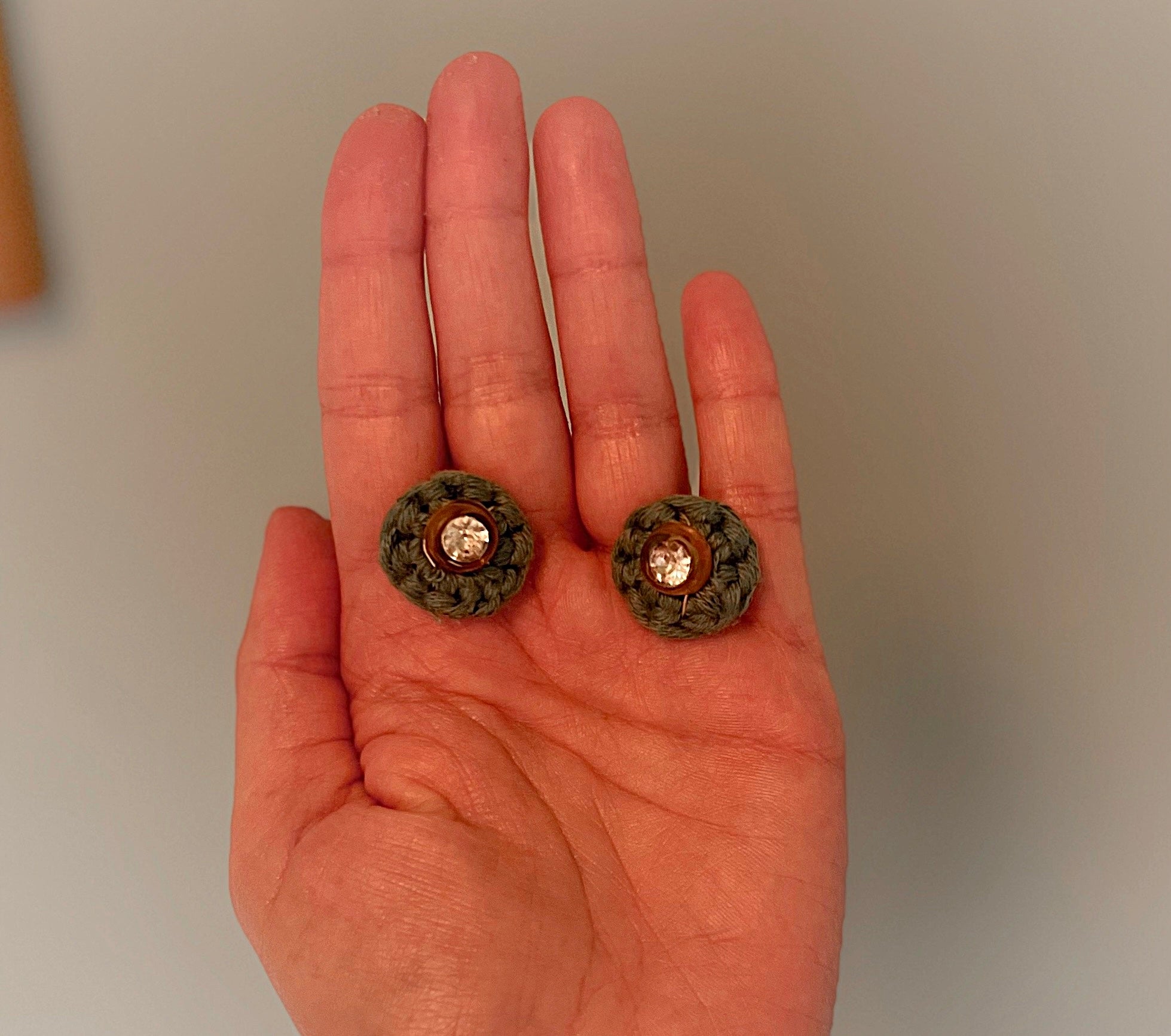 Green Crochet and Rhinestone Post Earrings