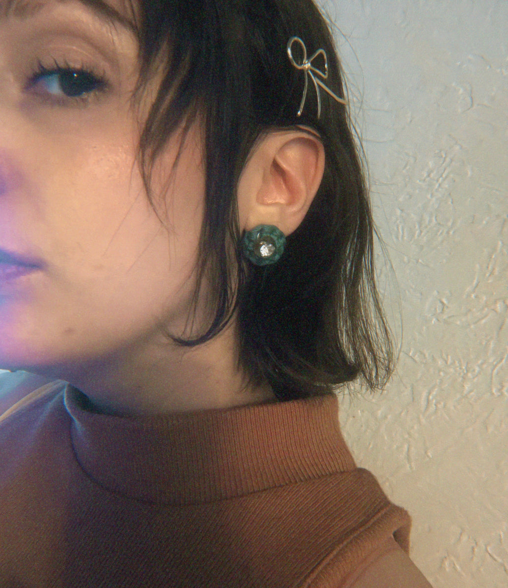 Green Crochet and Rhinestone Post Earrings