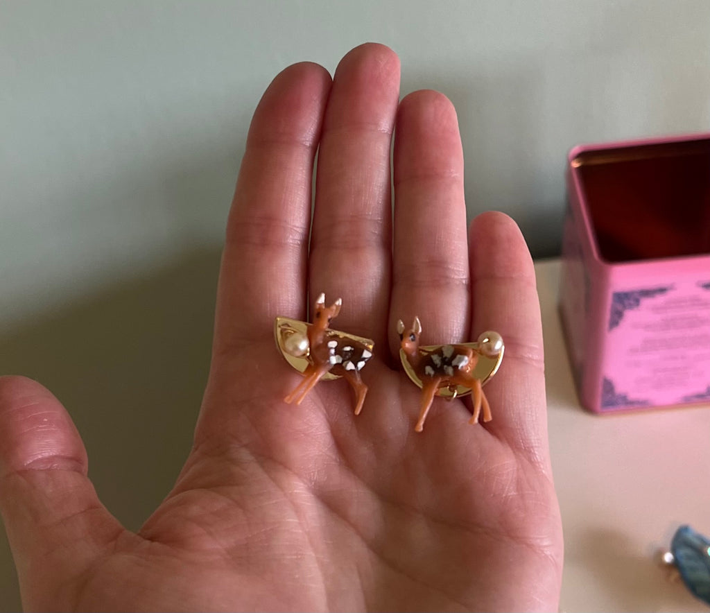 Mini Deer and Pearl Post Earrings