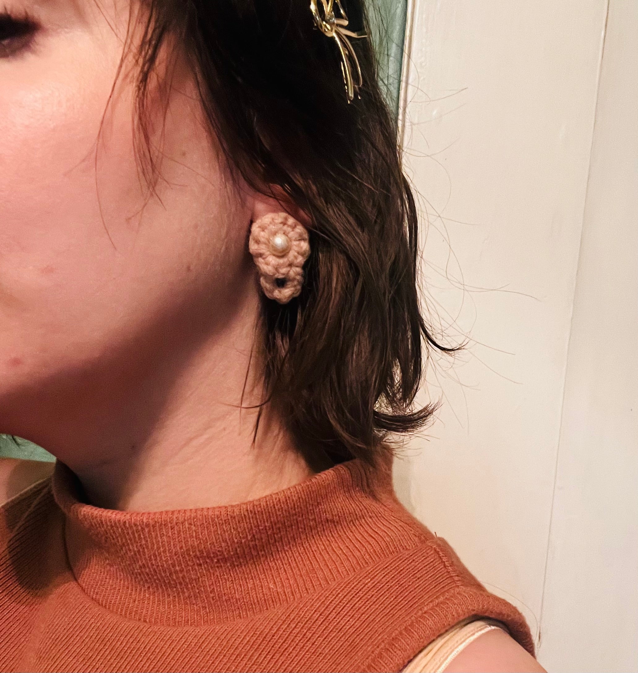 Peach Ring and Pearl Crocheted Earrings (imperfect)